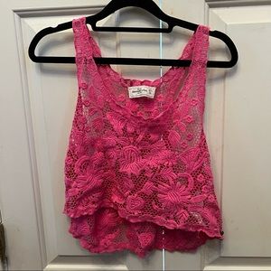 A&F pink lace crochet crop tank